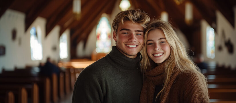 Portrait of smiling catholic or mormon man and woman on blurred background of church, religious people, believer, christian