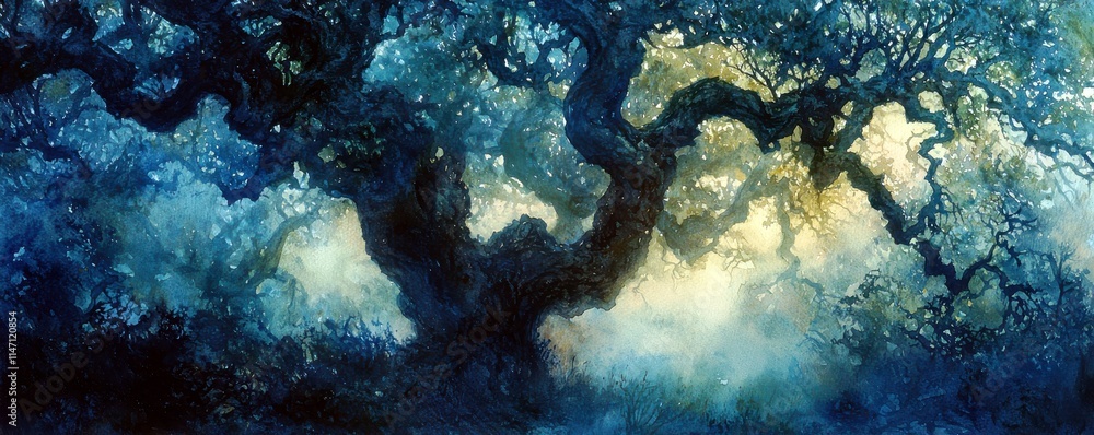 Poster enchanted forest scene with twisted branches and ethereal light filtering through leaves at dawn