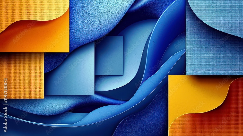 Aufkleber vibrant abstract composition of blue and yellow textured shapes flowing together in a unique layered