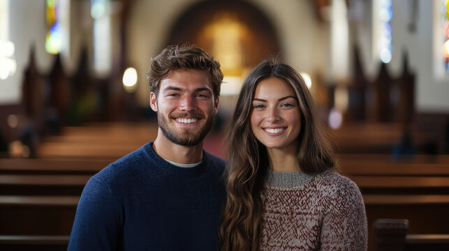 Portrait of smiling catholic or mormon man and woman on blurred background of church, religious people, believer, christian