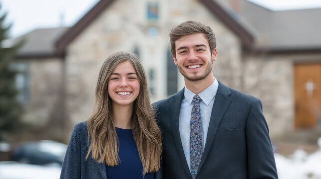 Portrait of smiling catholic or mormon man and woman on blurred background of church, religious people, believer, christian
