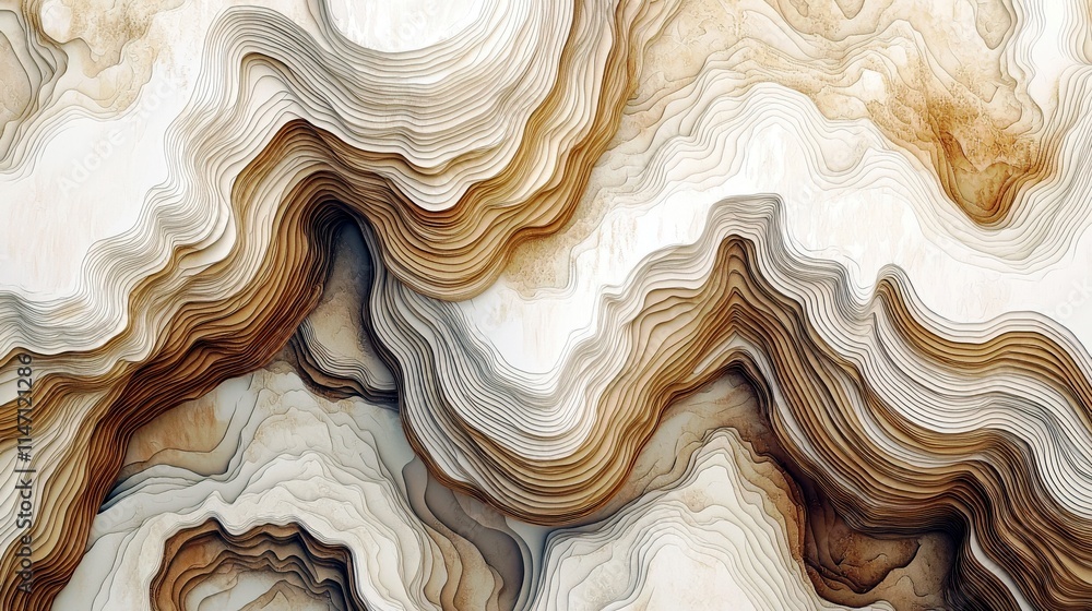 Poster abstract fluid art with flowing lines in warm tones of brown, cream, and beige, creating a harmoniou