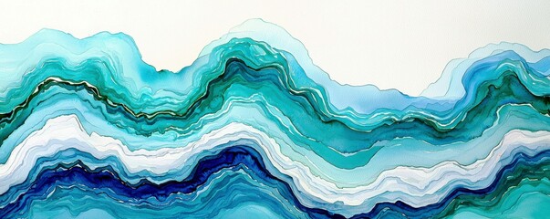 Obraz premium Abstract Fluid Art Design with Turquoise and Blue Waves on White Background, Evoking Serenity and Calmness in Contemporary Decor