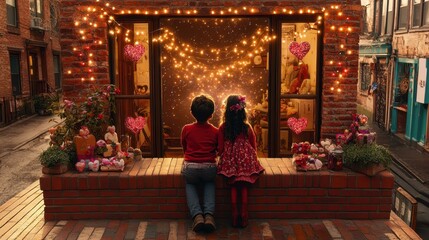 Two children wearing colorful clothes watching romantic Valentine window display with lights and hearts, perfect for love, holiday, couple themes in warm urban evening setting
