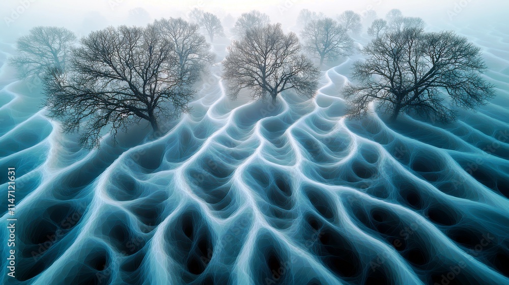 Poster ethereal landscape of misty trees amidst flowing patterns of light and shadows in a dreamlike enviro
