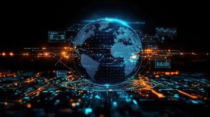Obraz premium Digital representation of a global network with data visuals.