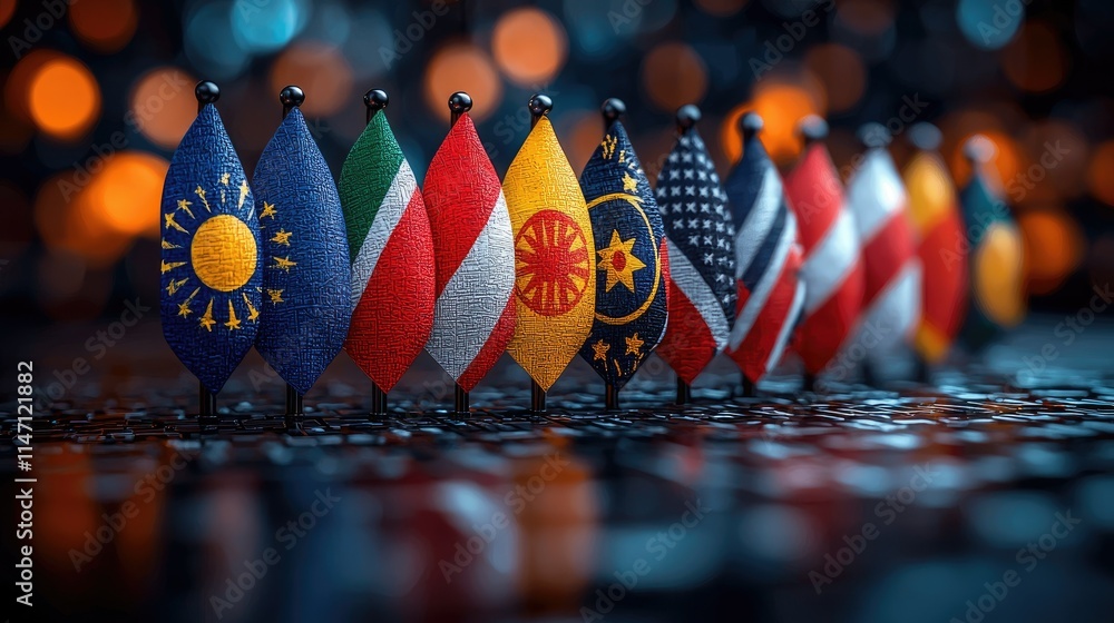 Poster a display of various national flags arranged in a row, symbolizing unity and diversity.