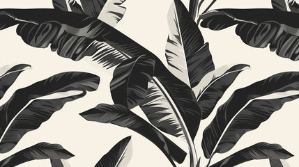 Stylish black-and-white tropical leaf pattern featuring bold banana leaves on a light background, creating a modern, elegant design.
