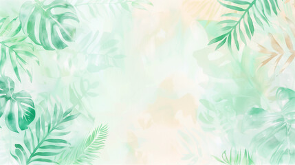 A light and airy tropical design with gentle monstera and palm leaves in pastel green and beige hues, creating a soothing aesthetic.
