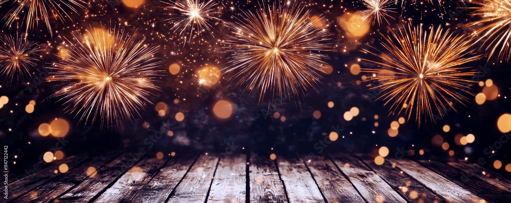 Poster sparkling fireworks display with shimmering bokeh effect and rustic wooden background for celebratio