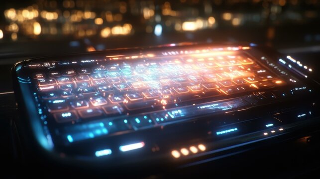 Analog keyboard Mobile gaming Ai singularity Space id Post Quantum Cryptography Hosting core Motion array Deep Instinct outsystem kbm Futuristic glowing holographic with blue and orange lights displa