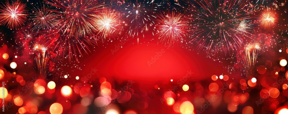 Poster colorful fireworks display with sparkling lights and bokeh effect on a festive red background for ce