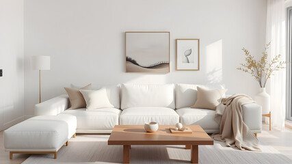 Spacious modern minimalist living room interior design. Generative AI