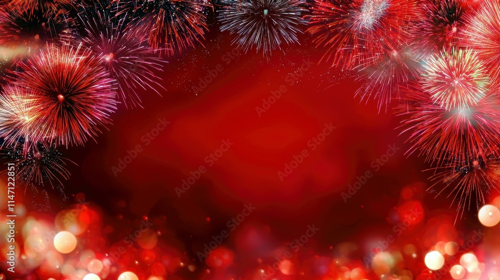 Poster festive fireworks display with vibrant red background and sparkling bokeh lights for celebrations an