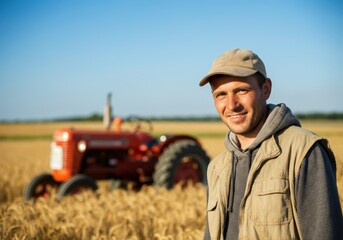 Smiling farmer standing in wheat field with vintage tractor in background