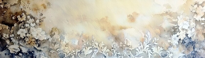 Beautiful watercolor floral background with intricate white design elements, soft colors, and artistic textures for creative projects and presentations