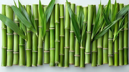 Fototapeta premium A flat lay of green bamboo stalks with leaves, showcasing natural textures and colors.