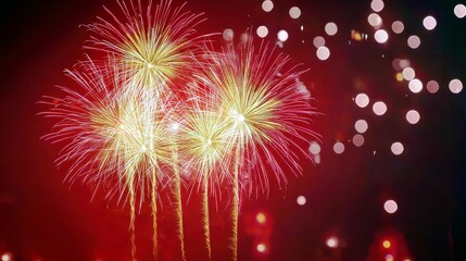Obraz premium Colorful Fireworks Display Illuminates Night Sky with Vibrant Sparkles and Glowing Bokeh Effect Creating a Festive and Joyful Atmosphere