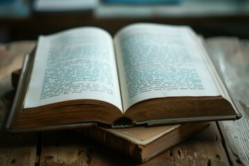Obraz premium Open book with aged pages resting on another closed book on a rustic wooden table, evoking a sense of history and knowledge