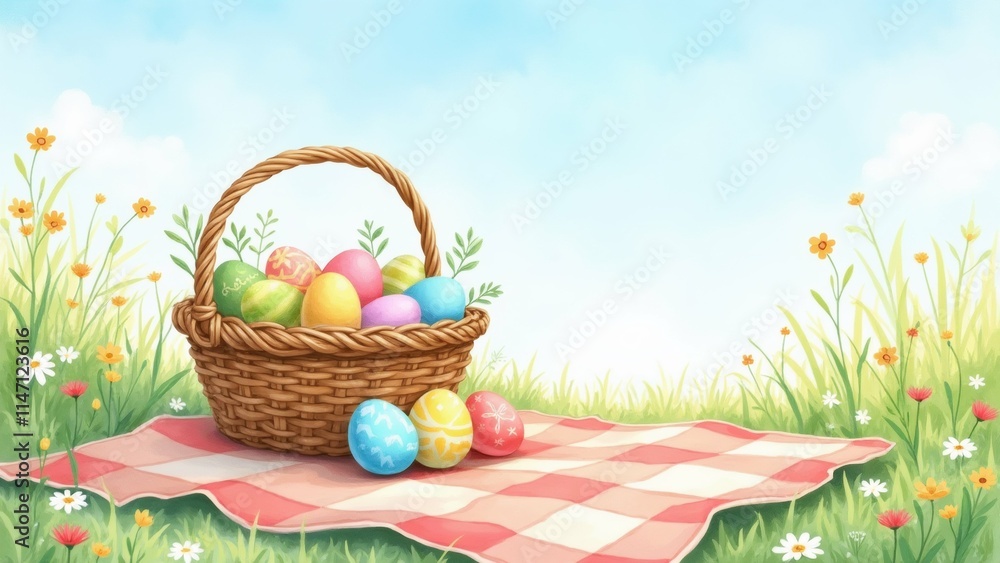 Poster the image is a digital illustration of a basket of colorful easter eggs on a red and white checkered