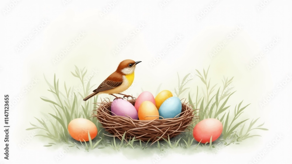 Poster the image is a digital illustration of a bird sitting on top of a nest filled with colorful easter e
