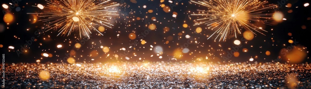 Poster sparkling fireworks display with shimmering golden lights and vibrant bokeh effects creating a festi