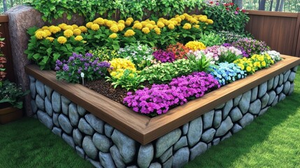Vibrant yellow, purple, and white blooming flowers planted in raised stone garden bed outdoors, perfect for spring gardening, landscaping inspiration, backyard decoration, sunny day, green grass back
