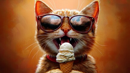 Adorable orange cat wearing stylish sunglasses enthusiastically enjoying a delicious ice cream cone on a warm sunny day