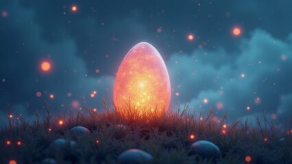 Fototapeta premium The image is a digital illustration of an Easter egg in the middle of a grassy field. The egg is oval-shaped and has a bright orange and yellow glow emanating from it.