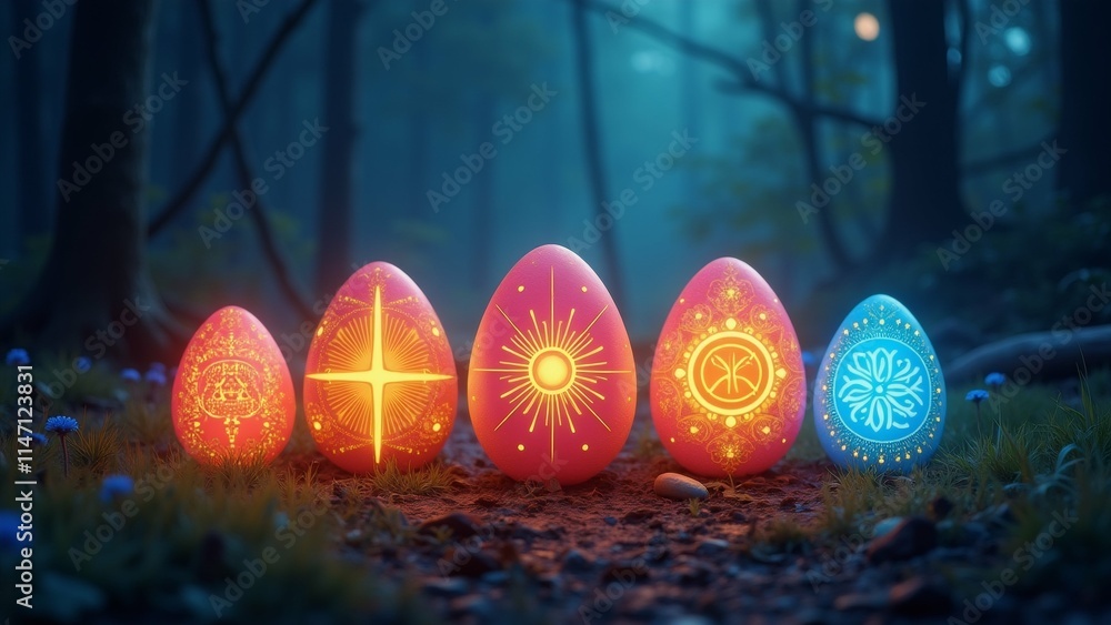 Poster the image shows four easter eggs in a forest at night. the eggs are arranged in a row, with the larg