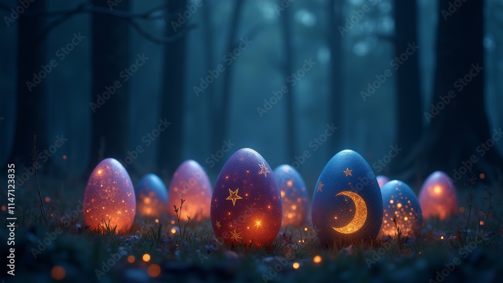 Poster the image shows a group of easter eggs in a dark forest. the eggs are arranged in a line, with the l