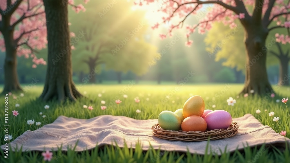 Poster the image shows a beautiful spring scene with a basket of colorful easter eggs on a blanket in the f