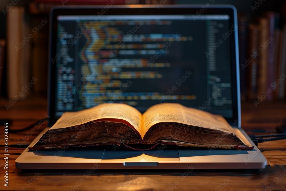 Poster antique book lying open on modern laptop displaying lines of programming code, suggesting contrast b