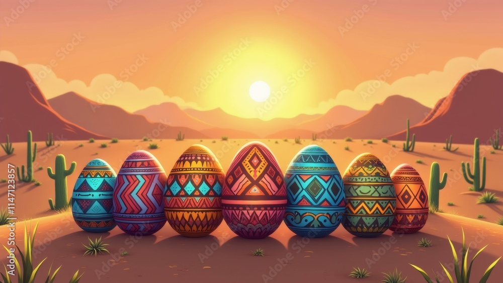 Poster the image shows a group of seven colorful easter eggs arranged in a line in a desert-like landscape.