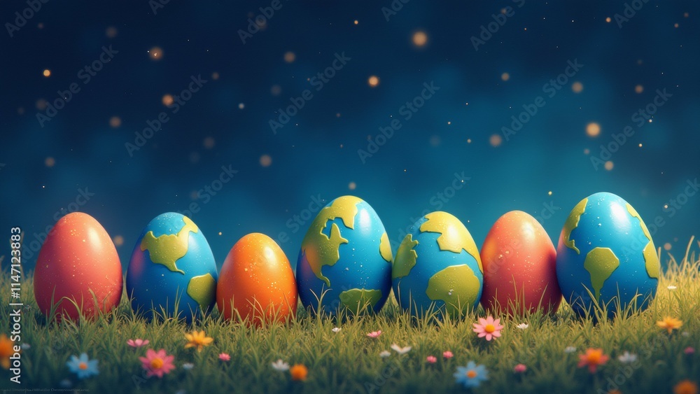 Poster the image shows a group of six colorful easter eggs arranged in a row on a grassy field.