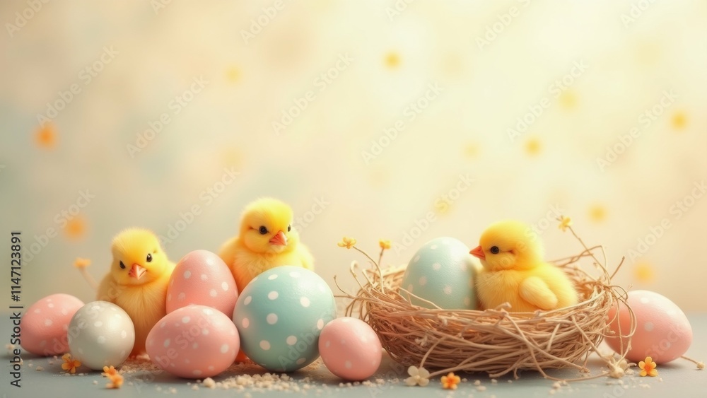 Poster the image shows a group of small yellow chicks sitting in a nest made of twigs and twigs. the nest i