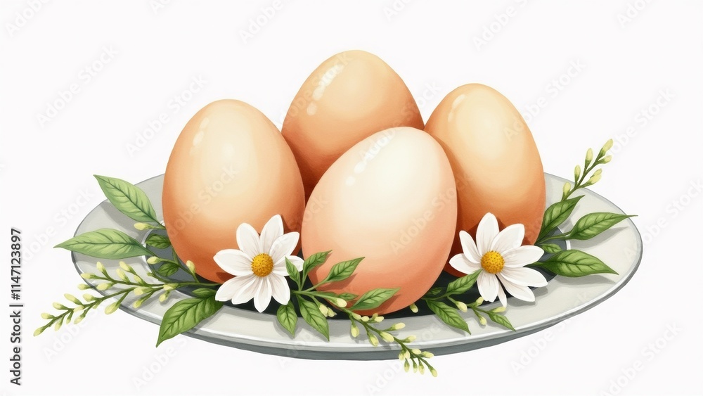 Poster the image shows a plate with four eggs on it. the plate is white and has a floral design around the 