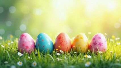 The image shows five colorful Easter eggs arranged in a row on a bed of green grass.