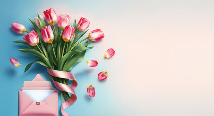 Obraz premium Beautiful bouquet of pink tulips with an envelope and ribbon