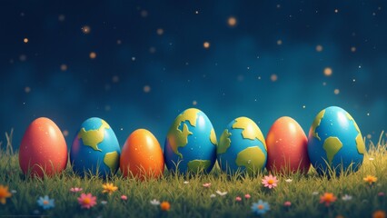 Fototapeta premium The image shows a group of six colorful Easter eggs arranged in a row on a grassy field.