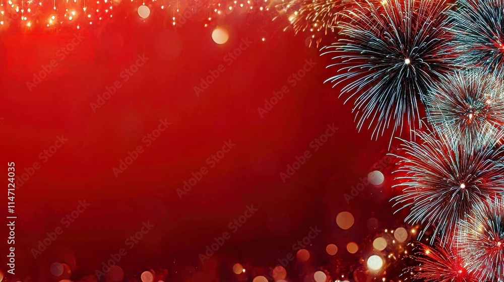 Poster vibrant red background with colorful fireworks and bokeh lights creating a festive atmosphere for ce
