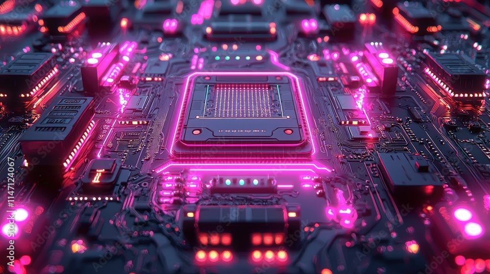 Poster a futuristic circuit board with glowing components and a central processor.