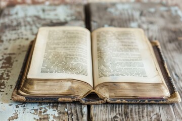 Obraz premium Old book open on a wooden table, showing yellowed pages and worn cover, evoking history and knowledge