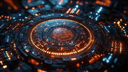 Fototapeta premium A futuristic circuit board design with glowing elements in blue and orange hues.