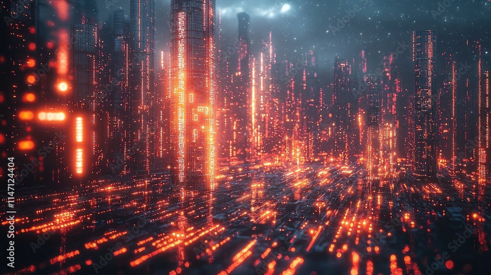 Poster a futuristic cityscape with glowing data streams and tall structures, evoking a digital world.