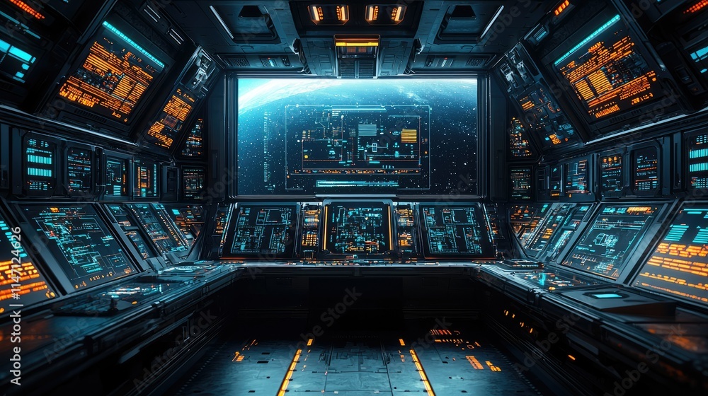 Aufkleber a futuristic control room with glowing interfaces and a view of earth from space.