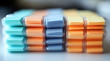 Organized colorful sticky notes in teal, blue, orange, and yellow stacked neatly, office supplies for productivity and planning, blurred background, bright workspace, focused atmosphere, close-up det