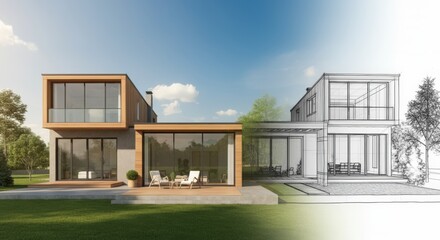 Modern house design showcasing a blend of architecture and sketch