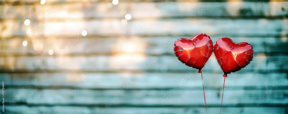 Poster two red heart-shaped balloons with a rustic wooden background and soft light bokeh for romantic them