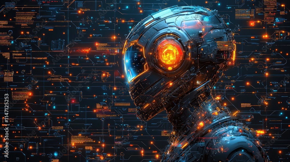 Poster a futuristic robotic head with glowing elements against a backdrop of digital data.